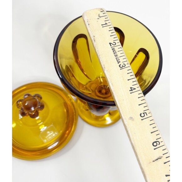 VTG Viking Art Glass MCM Six Petal Amber Covered Candy Dish w/Lid Approx 8" EUC - Picture 5 of 8